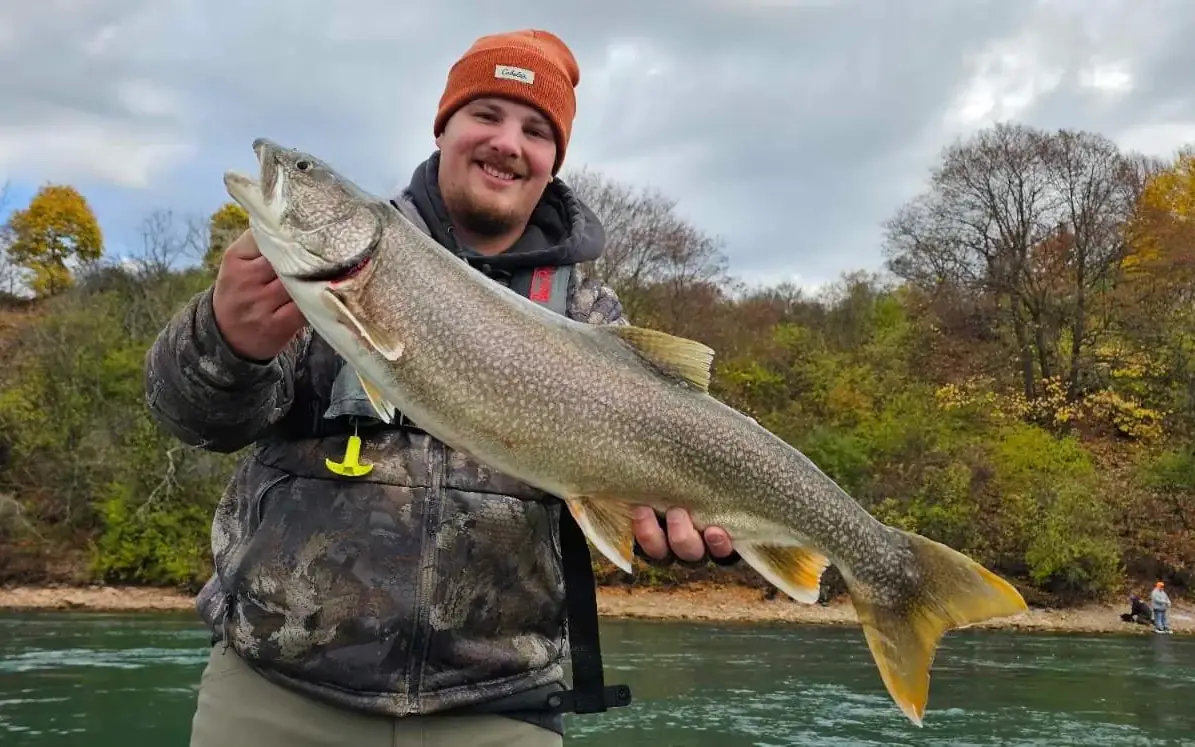 Angler holding a Niagara River lake trout against the autumn shoreline