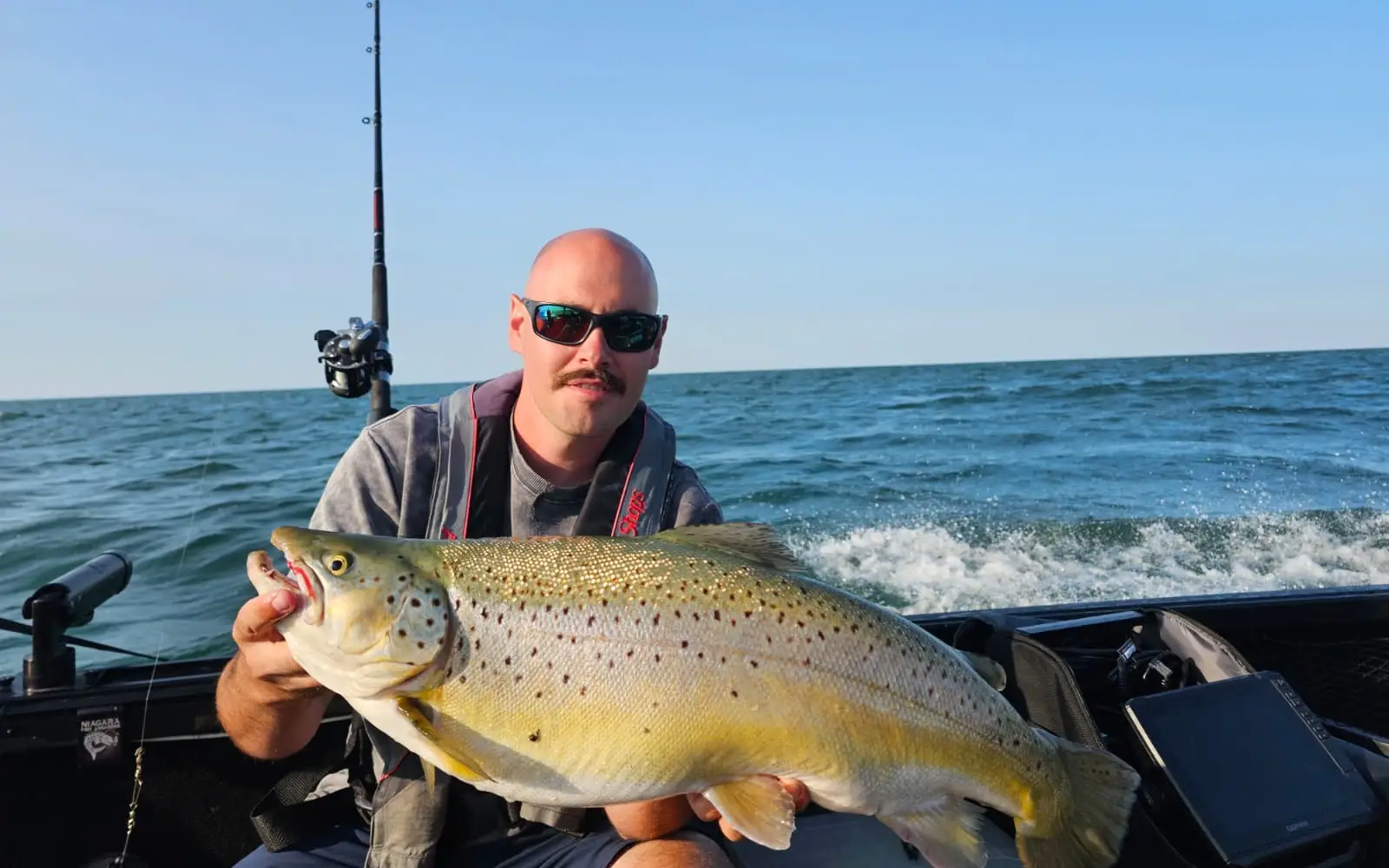 Angler holding a brown trout with the boat wake running out behind
